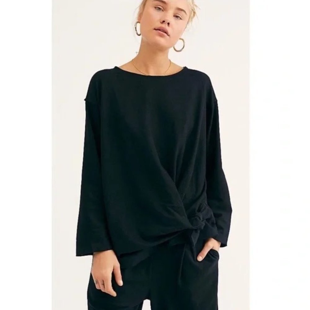 Free People Beach LAX Relaxed Fit Slouchy Long Sleeve Top Black Small